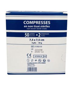 50 Sachets de 2 compresses non tissées stériles 7.5cm x 7.5cm