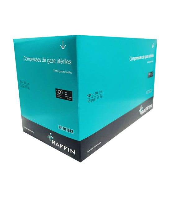 Boîte de 100 compresses tissées stériles de 10cm x 10cm