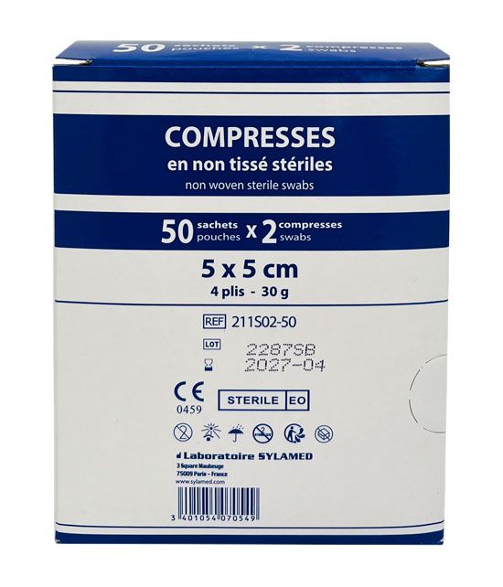 100 Compresses Non Tissées Stériles 5cm x 5cm 