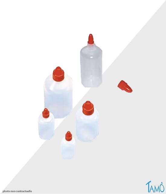 Flacon compte-gouttes de 100ml à bouchon rouge en polyéthylène.