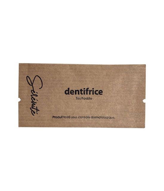 Sachet individuel dose dentifrice 3g vu de face sur fond blanc
