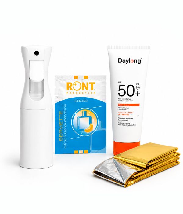 Pack fortes chaleurs avec brumisateur rechargeable, crème solaire et couverture de survie