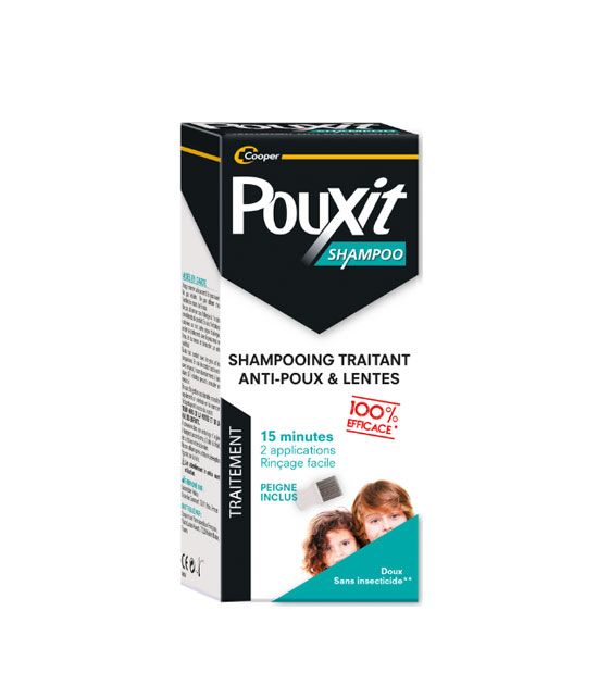 Un shampooing de la marque Pouxit avec un peigne contre les poux et les lentes