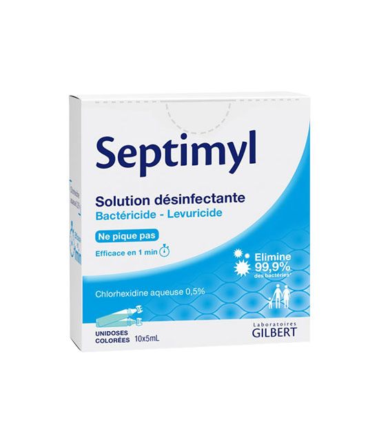 Boîte de 10 unidoses stérilisées d'antiseptique de chlorhexidine.