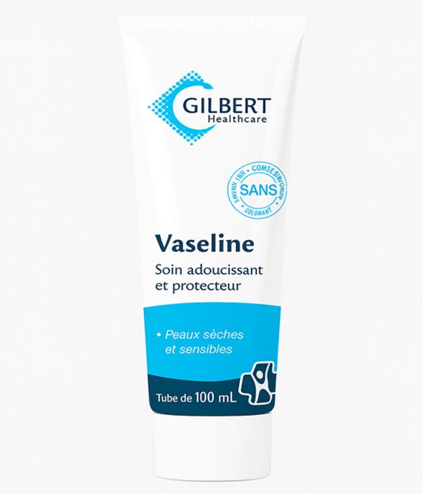 Tube de vaseline mis en avant sur fond blanc minimaliste
