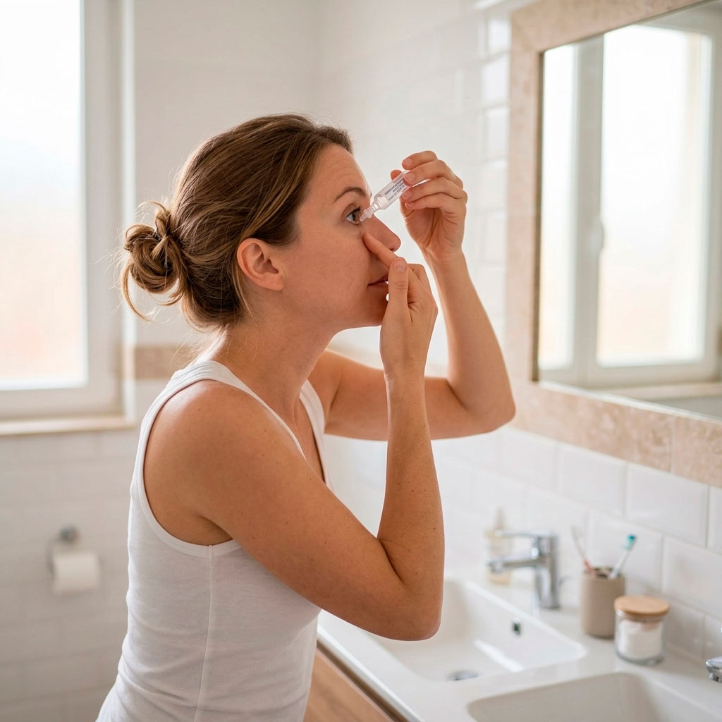 Femme dans sa salle de bain appliquant délicatement une dosette de sérum physiologique dans son œil face au miroir.