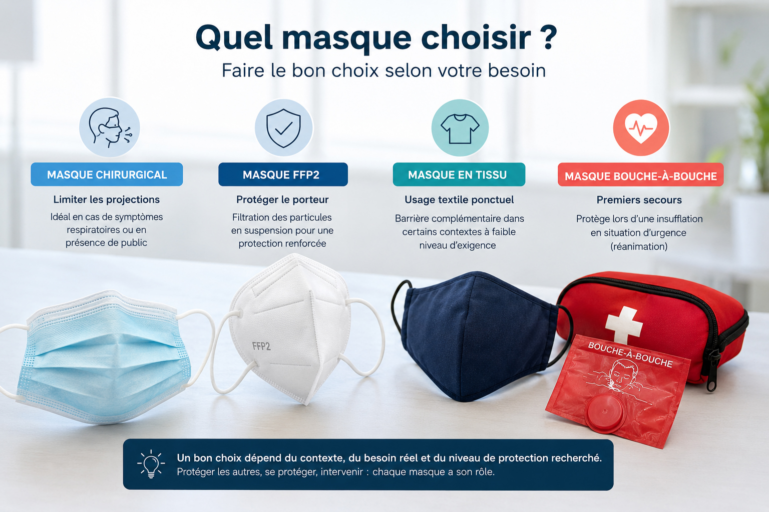 Guide visuel pour choisir entre un masque chirurgical, un masque FFP2, un masque en tissu et un masque bouche-à-bouche selon l’usage