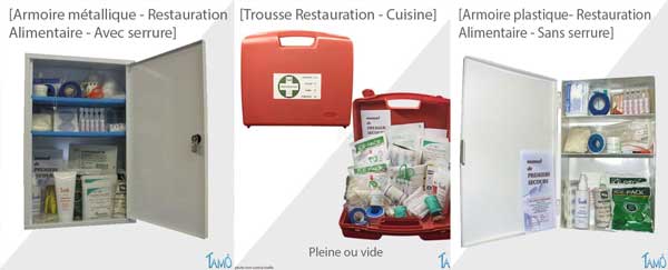 Trousses de secours et armoires adaptées à l'agroalimentaire.